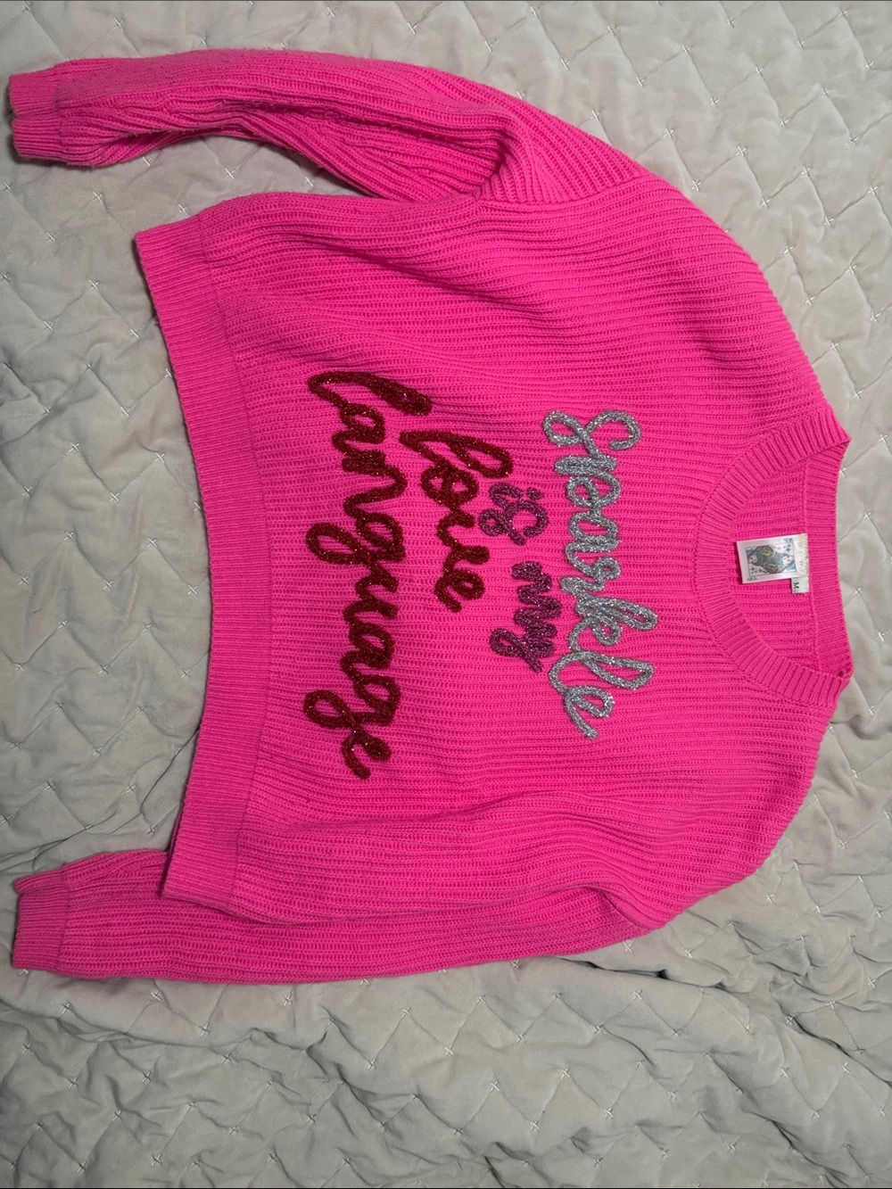 QUEEN OF SPARKLES Hot Pink Crewneck Sweater with Script Detail